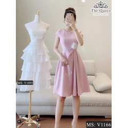Đầm nữ dáng xòe đính hoa chất kate thái freesize 2 màu vàng hồng