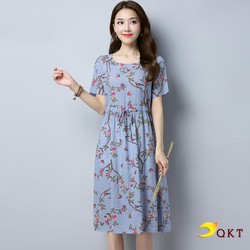 Đầm trung niên hoa lá có dây cột eo QKT 94