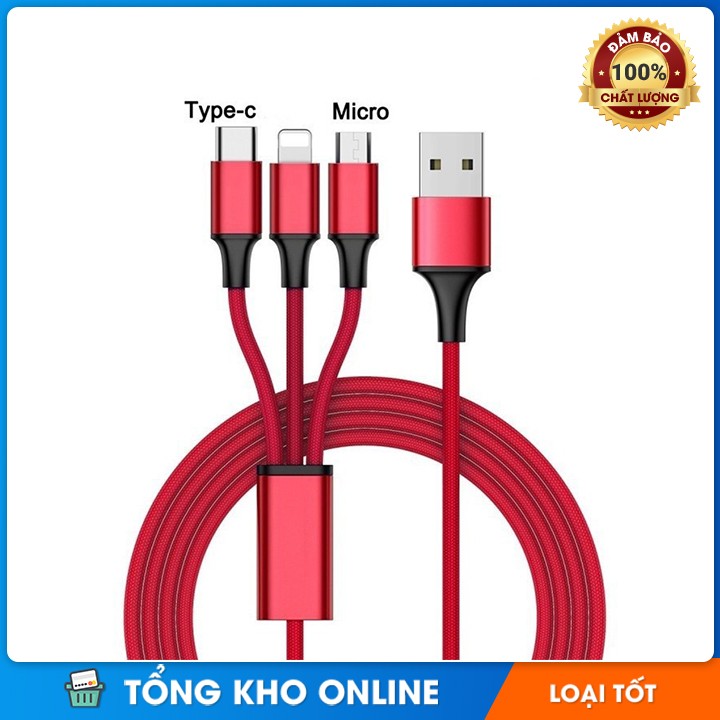 Hình ảnh Cáp Sạc 3 Đầu 3A Lightning Bọc Dây Dù Cao Cấp