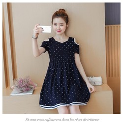 Đầm Bầu Váy Bầu Chấm Bi Hở Vai Xanh MYC_1231