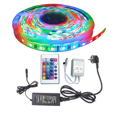Cuộn đèn Led dây dán 12V 5m đổi nhiều màu RGB + Nguồn + Remote điều khiển