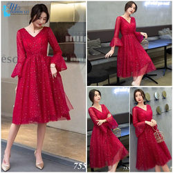 Đầm dạ hội ren xòe nữ cổ tim màu đỏ váy đầm dự tiệc công sở dạo phố