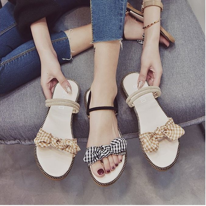 Giày sandal nơ caro đế gấu |Giày sandal thời trang nữ 5