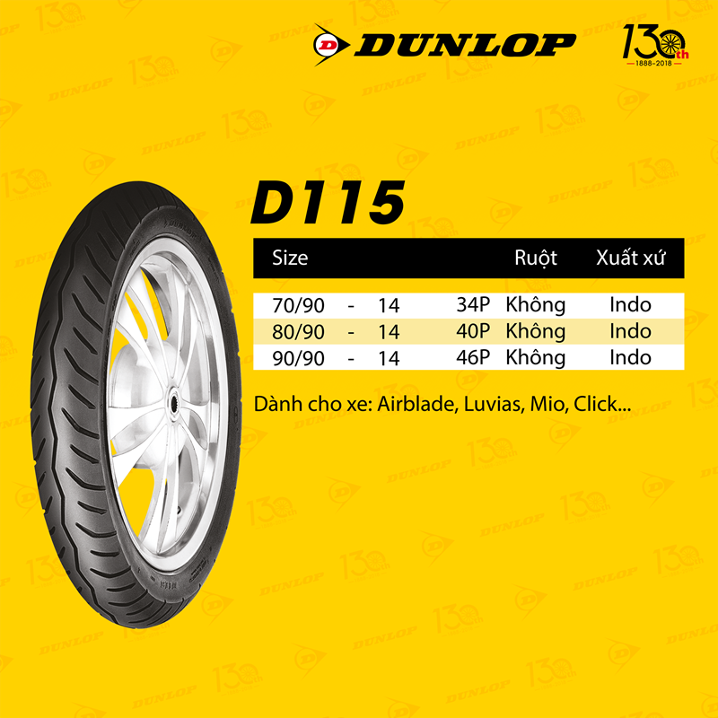 Lốp xe Dunlop 80-90-14 D115 TL Vỏ xe máy Dunlop size 80.90-14 D115 TL 40P Trùm Dunlop Việt Nam, giá rẻ, uy tín 1