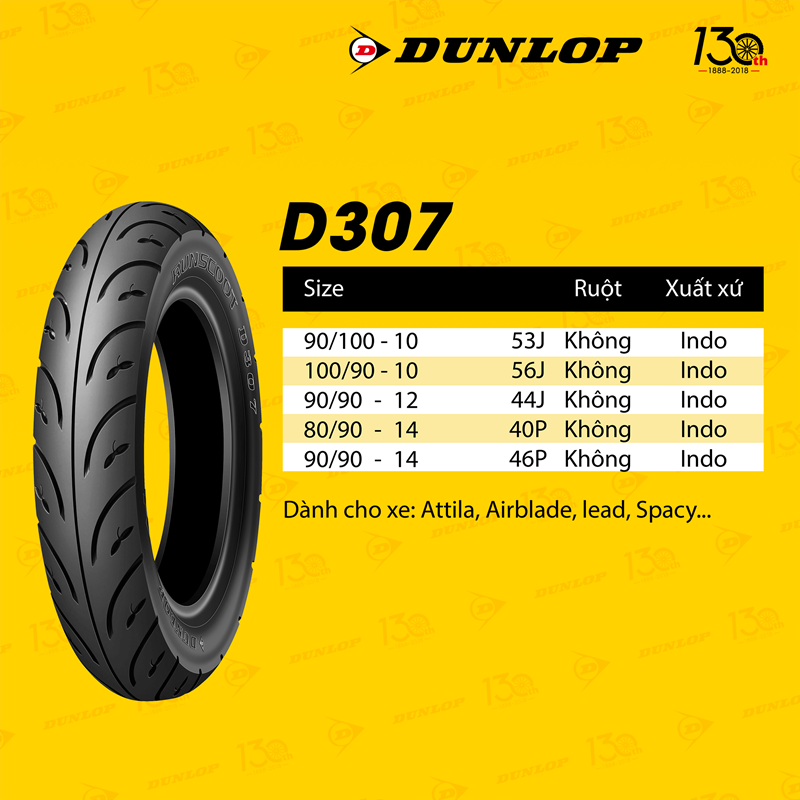 Lốp Dunlop 100.90-10 D307 -  Vỏ xe máy Dunlop size 100-90-10 D307 TL 56J Trùm Dunlop Việt Nam, giá rẻ, uy tín 2