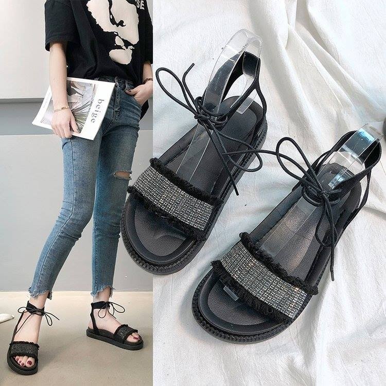 Giày sandal bánh mì cột dây đính hạt |Giày sandal bánh mì nữ 8
