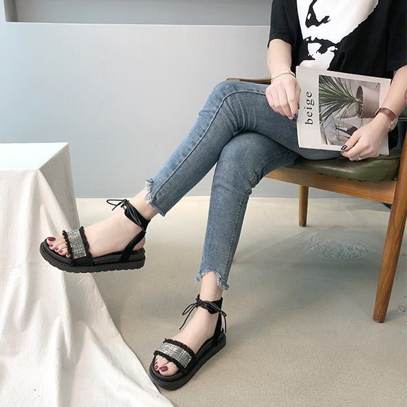 Giày sandal bánh mì cột dây đính hạt |Giày sandal bánh mì nữ 2