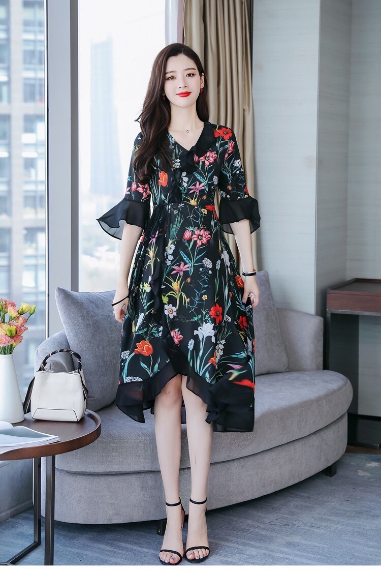 ĐẦM VOAN LỤA CỔ V PHỐI BÈO -- HÀNG NHẬP - TN 2115 5