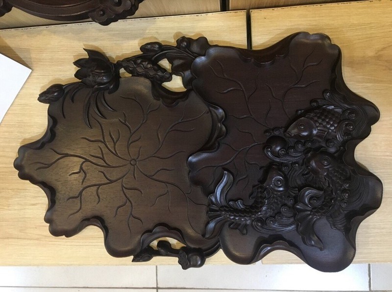 Khay trà gỗ gụ, họa tiết cá chép hoa Sen K-D1V