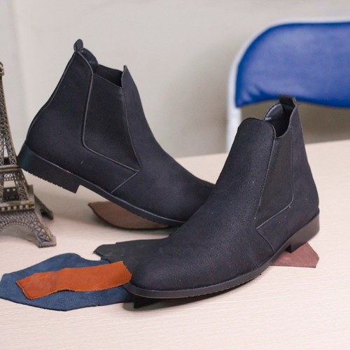 Giày chelsea boot nam cao cổ có chun dễ sỏ da buck màu đen +vòng- cb548-lc