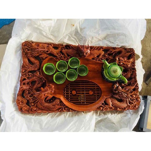 Khay trà chạm khắc rồng (ngũ Long) gỗ hương K-5AT
