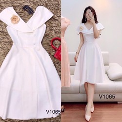 Đầm xòe cổ bèo đính hoa chất kate lụa freesize trắng vàng hồng