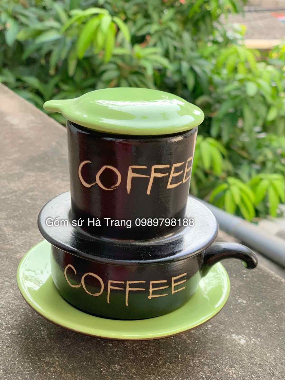 Hình ảnh Phin pha cafe men đen khắc chữ COFFEE gốm sứ Bát Tràng cao cấp