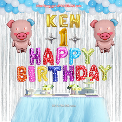 👉Trang trí sinh nhật 2 rèm, bộ bóng chữ happy birthday, 50 bóng nhũ, 2 bóng heo, tên bé, tuổi bé…thôi nôi, đầy tháng – skv03