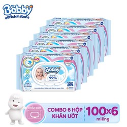 Bộ 6 gói Khăn ướt Bobby Nano Bạc kháng khuẩn 100 tờ chăm sóc làn da nhạy cảm của bé