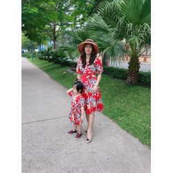 Đầm đôi mẹ bé hoa đỏ cao cấp-Đủ size-Hình chụp thật