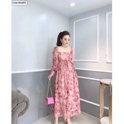 🔰 VD4092 – Đầm tay dài cổ vuông maxi hoa ☘ voan lụa mềm,mịn, thấm hút mồ hôi ☘ Thiết kế freesize thích hợp với bạn nữ từ 40-55kg vừa, tùy chiều cao 📚 Màu: Hồng phấn – VD4092