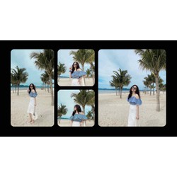 Set áo trễ vai xanh quần đũi trắng