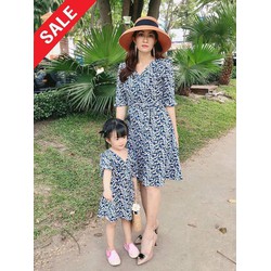Set đầm mẹ và bé xanh hoa nhí tay lở - ĐỦ SIZE - HÌNH CHỤP THẬT