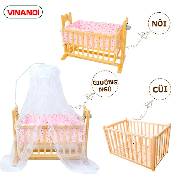 VINANOI Nôi võng gỗ thông tự động 3 trong 1 cho bé VNN201