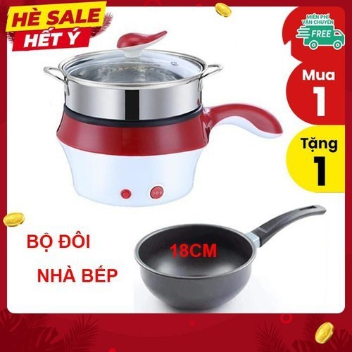 Ca Nấu Mì Kiêm Nồi Lẩu Mini Có Tầng Hấp Đa Năng Tặng 1 Chảo Chống Dính Sâu Lòng 18Cm