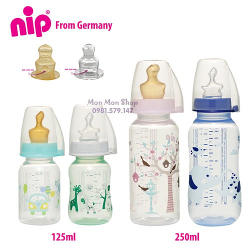 (Made in Germany) Bình sữa PP cổ thường/ cổ hẹp tiêu chuẩn 125ml / 250ml có núm ti chỉnh nha, chống sặc NIP