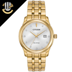 Đồng hồ Nam citize Eco-drive BM7342-50A mặt trắng cọc số đính hạt, dây kim loại mạ vàng, kính cứng - Máy chạy năng lượng ánh sáng