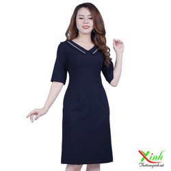 Đầm Xanh Đen Cổ Peter Pan Hiện Đại DL525
