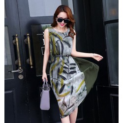 Đầm vol hoạ tiết cành lá HQ