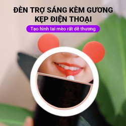 Đèn LED trợ sáng kẹp điện thoại chuyên dành cho selfie/livestream, ánh sáng trắng dịu nhẹ, có kèm gương soi rất tiện lợi, dung lượng pin lớn sử dụng liên tục, tạo hình tai mèo dễ thương