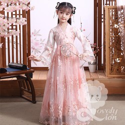 (Hàng có sẵn) Bộ hán phục công chúa màu hồng thêu hoa đào cho bé gái + Tặng quạt + trâm cài+ miếng dán trán – LL-010