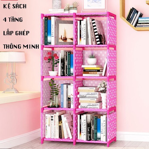 Kệ sách 5 tầng 4 ngăn lắp ráp giá rẻ ,GIÁ ĐỰNG SÁCH, ĐỂ ĐỒ ĐA NĂNG LẮP GHÉP, Kệ để đồ trang trí, Kệ sách lắp ghép thông minh 4 tầng- Màu Xanh, Hồng