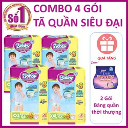 Combo 4 tã quần Bobby Siêu cực đại tặng thêm 8 miếng và 1 bộ băng quần Diana cao cấp hoặc túi Downy 560ml Combo 4 tã quần Bobby Siêu cực đại tặng thêm 8 miếng và 1 bộ băng quần Diana cao cấp hoặc túi Downy 560ml