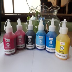 Bộ 6 màu mực dầu in Epson- Pigment UV 100ml không phai màu, chống nước, 6 màu: Xanh, Đỏ, Vàng, Đen, xanh light, đỏ light. Là bình, chai, lọ mực dầu Pigment UV dùng nạp, bơm vào bộ hệ thống ngoài máy in phun Epson-