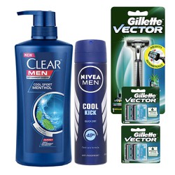 Combo Dầu gội Clear Men 450ml, Xịt khử mùi toàn thân Nivea 150ml và bộ 1 Dao cạo râu + 4 lưỡi gillette vector