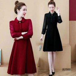 Đầm xoè cổ peter pan nơ đính đá tay voan