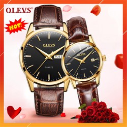 Đồng hồ cặp đôi OLEVS cho nam và nữ, mặt số thạch anh, chống nước, chống xước cực tốt, kim phát quang ban đêm , dây da nâu chính hãng, tặng hộp da cao cấp, quà tặng sang trọng, đẳng cấp - BẢO HÀNH 12 THÁNG