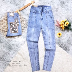 Quần Jeans Gân Nữ Cạp Cao 2 Nút