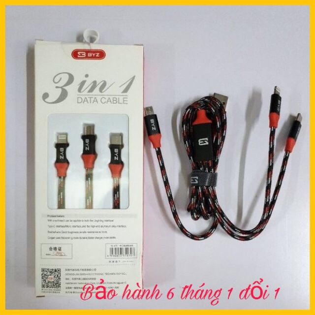 Hình ảnh Cáp sạc dù 3 in 1 BYZ iphone android type-c