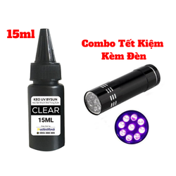 Combo Keo UV Kèm Đèn Uv Bysun Clear Trong Suốt Dán Kính, Dán Thép, Dán Mica BB010 15ml