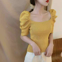 Áo gân nữ tay phồng cổ vuông hàng y hình