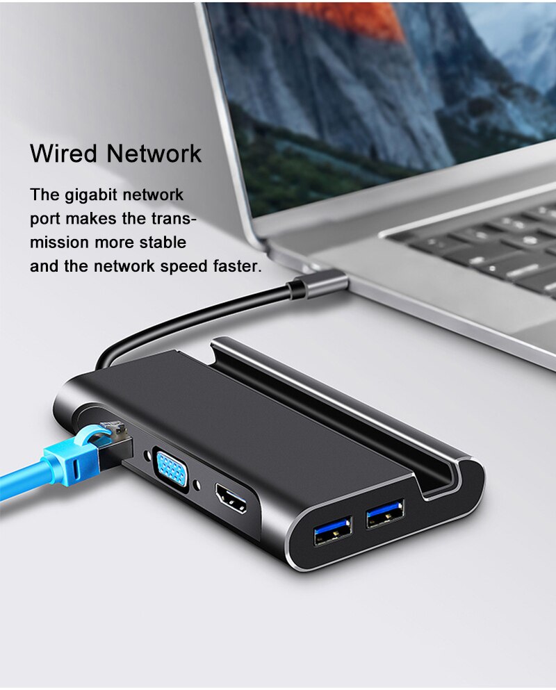 Hình ảnh HUB Kiêm Dock Type-C Ra HDMI,VGA,LAN,3 Cổng USB 3.0 Hỗ Trợ Power Delivery