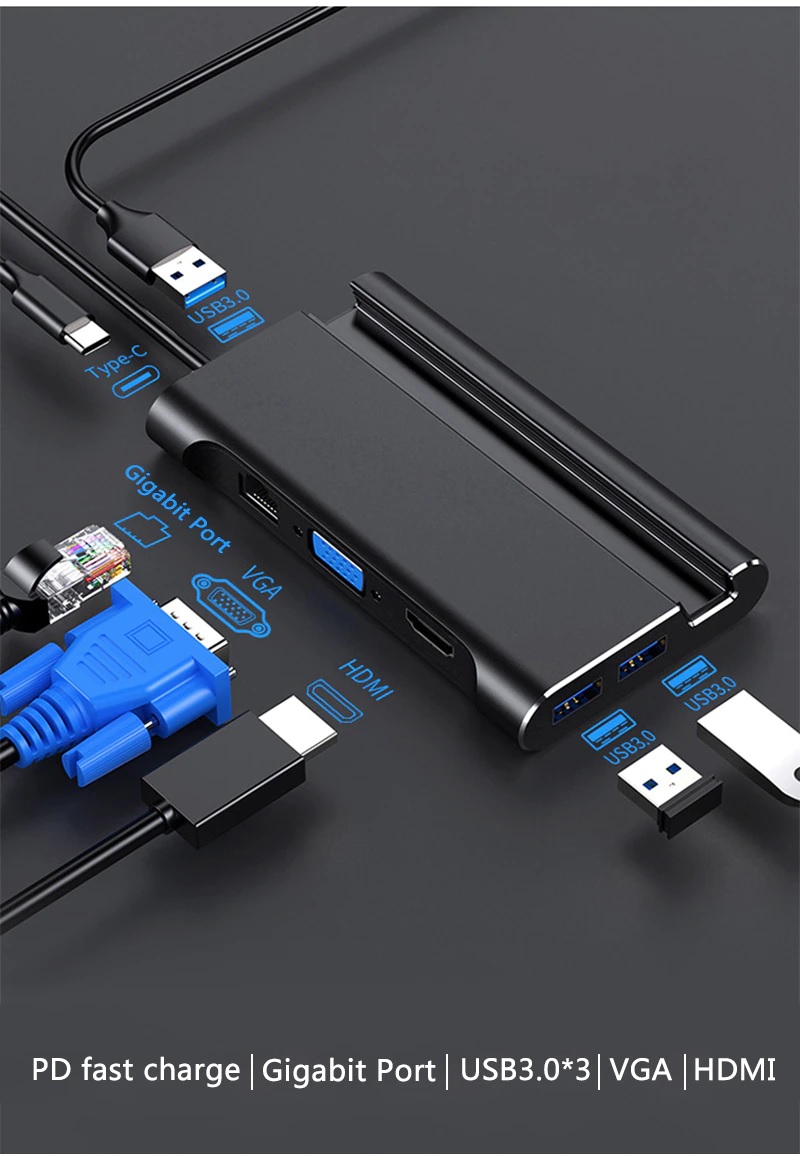 Hình ảnh HUB Kiêm Dock USB-C qua Type-C/HDMI/VGA/LAN/3 Cổng USB 3.0 Hỗ Trợ Power Delivery