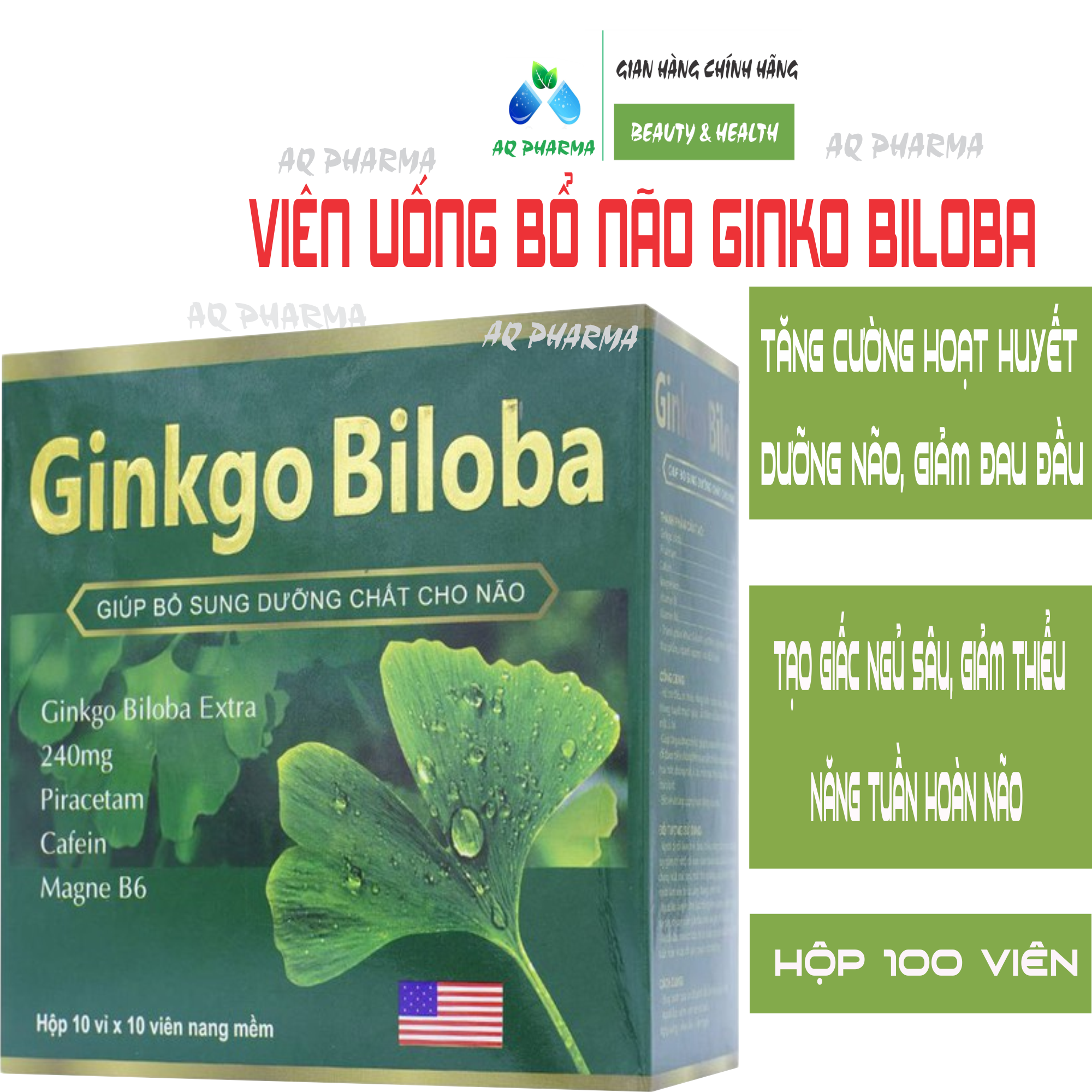 [Comb 2 hộp] Hoạt huyết dưỡng não Ginkgo Biloba 240mg - Giúp tăng tuần hoàn máu ,giảm đau đầu hoa mắt chóng mặt.HỘP 100 VIÊN -hộp xanh lá - Ginkgo Biloba 240 xanh đậm - BR105