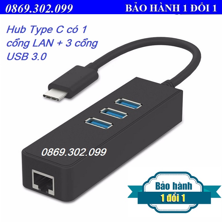 Hình ảnh Hub Type C ra 1 cổng Lan + 3 cổng Usb 3.0 - Bộ chia cổng Type C ra 3 cổng USB và 1 cổng lan dùng cho điện thoại