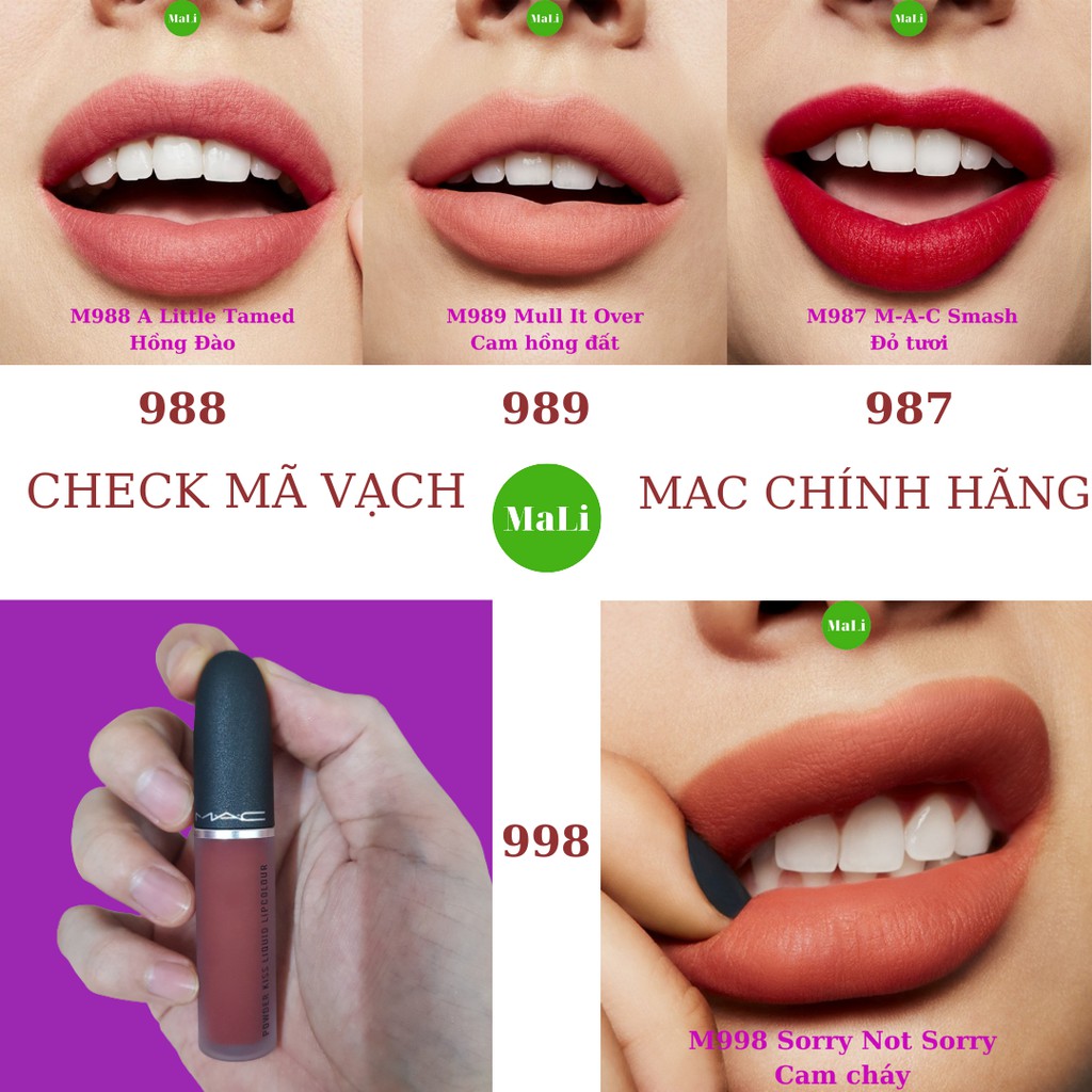 Son Mac Kem Cao Cấp, Check mã vạch,(4 màu) 998 Sorry Not Sorry, 987 M-A-C.Smash, 988 A Little Tamed, 989 Mull It Over