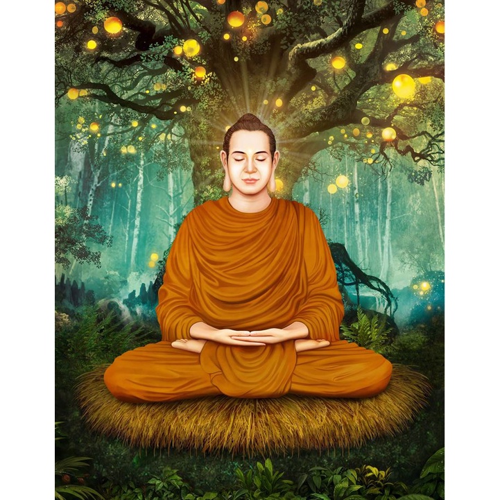 Tranh dán tường 3D khổ lớn phật thích ca ngồi dưới cây bồ đề - tranh