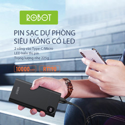 Pin Sạc Dự Phòng 10.000mAh ROBOT RT190 LED Hiển Thị PIN – 1 Output USB & 2 Input Micro/Type-C – RT190