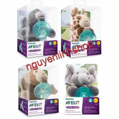 Sét núm ti ngậm Avent silicon chống vẩu+ thú bông gặm nướu Soothie Snuggle- Mỹ