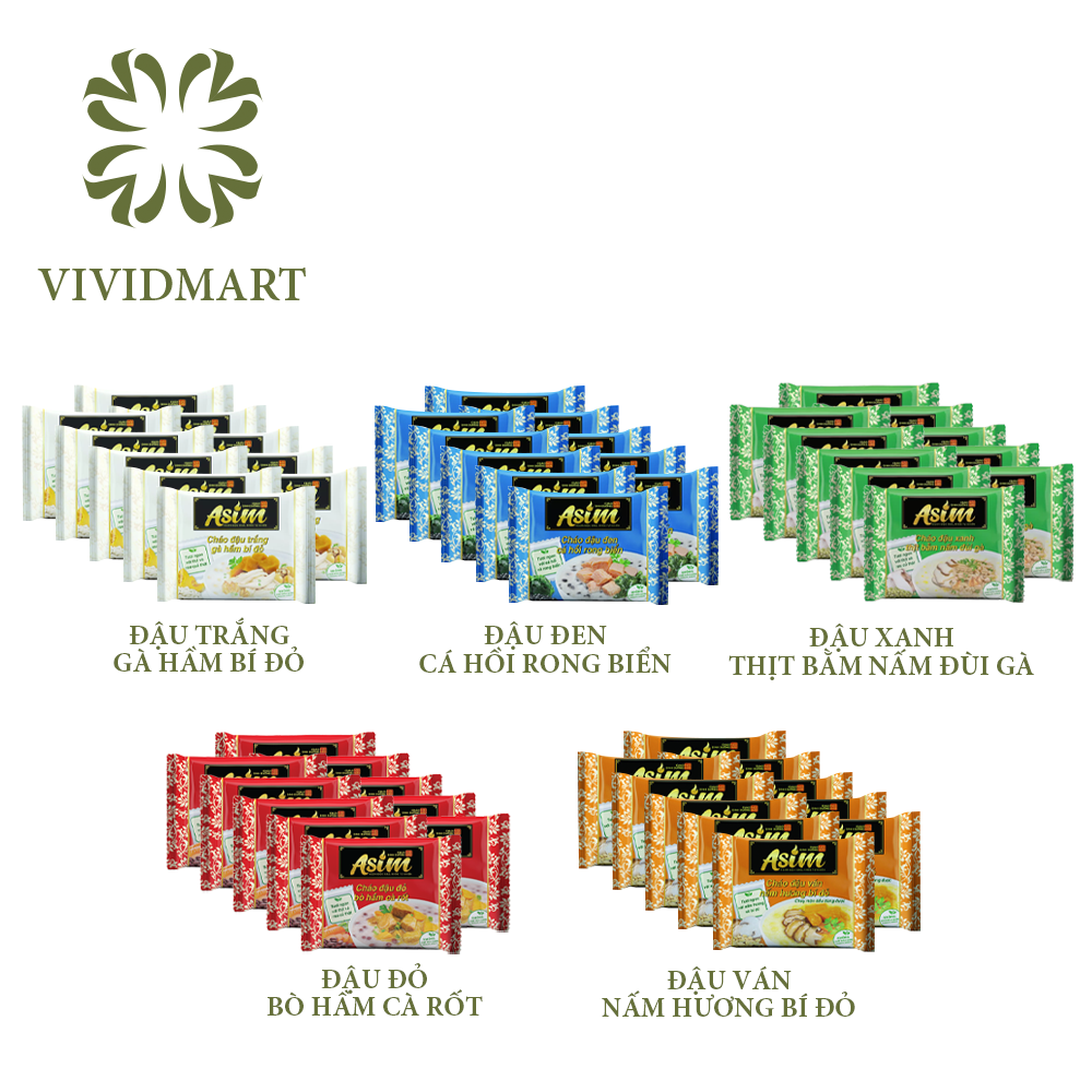 [Combo 10 Gói] Cháo Asim 5 Vị Đậu: Trắng Gà Hầm Bí Đỏ, Đen Cá Hồi Rong Biển, Xanh Thịt Bằm Nấm Đùi Gà, Bò Cà Rốt, Ván Nấm Hương